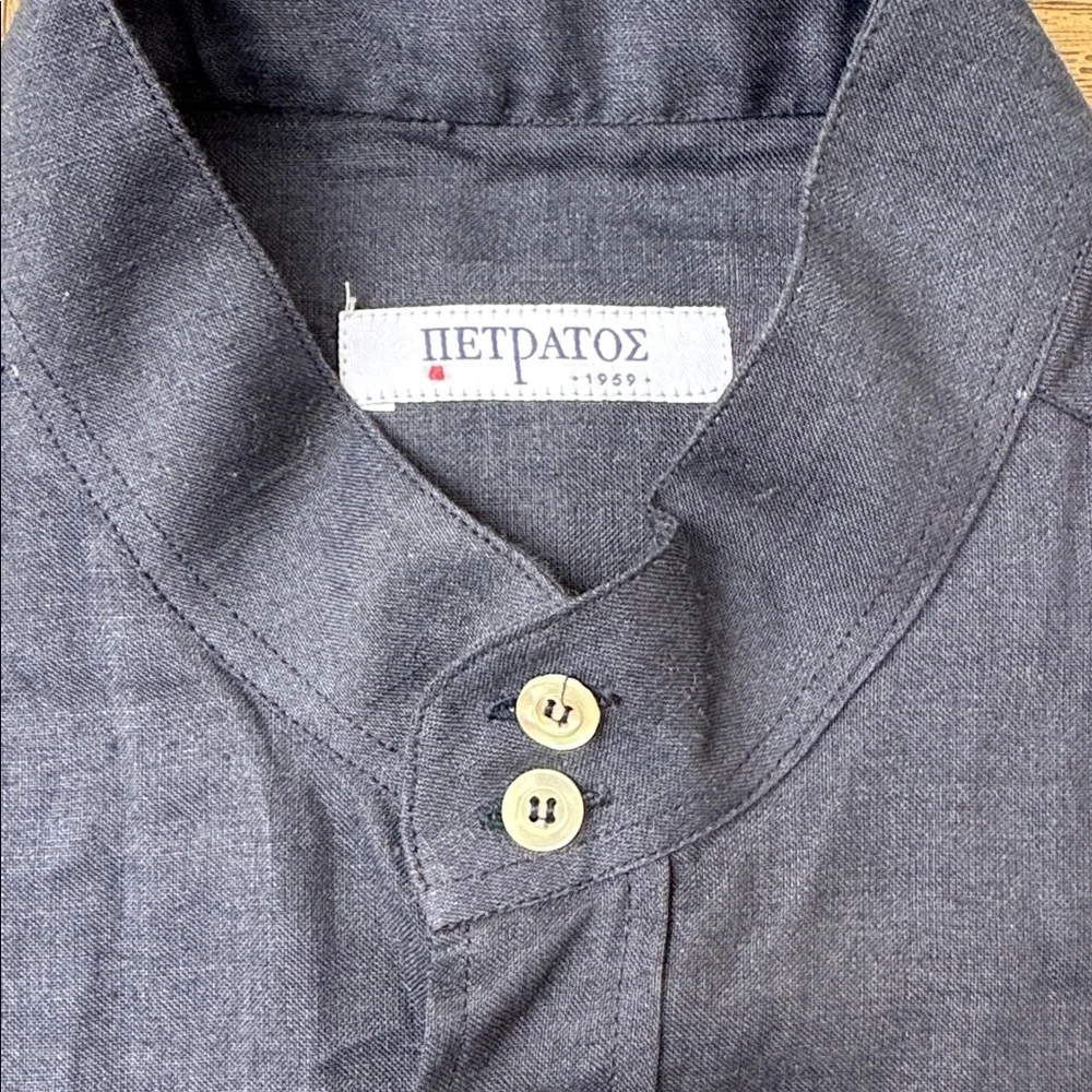 Πετράτος (Petratos) navy blue linen safari shirt button-epaulets patch pockets - Picture 2 of 5
